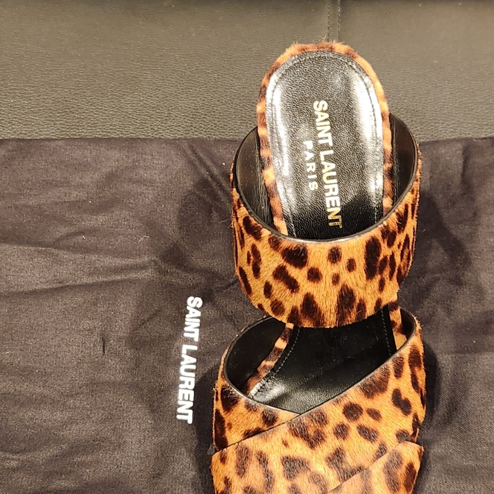 Saint Lauren Oak 100 Pony Spots Mule Sandal Leopard Print Mule 4" Hell Sz 7.5 - Picture 7 of 8